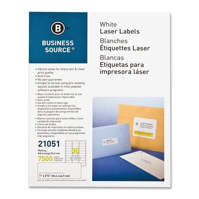 Business Source 21051 Mailing Label, Laser, 1-Inch x2-5/8-Inch, 7500/PK, White
